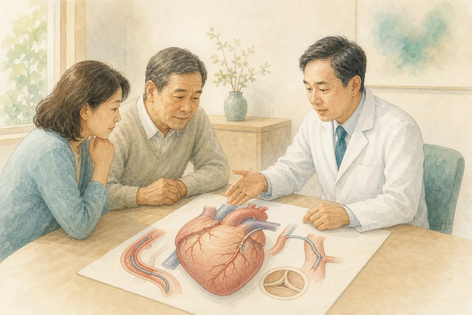 心臟血管外科醫師在診間向病人與家屬說明冠狀動脈、心臟瓣膜與導管治療選項