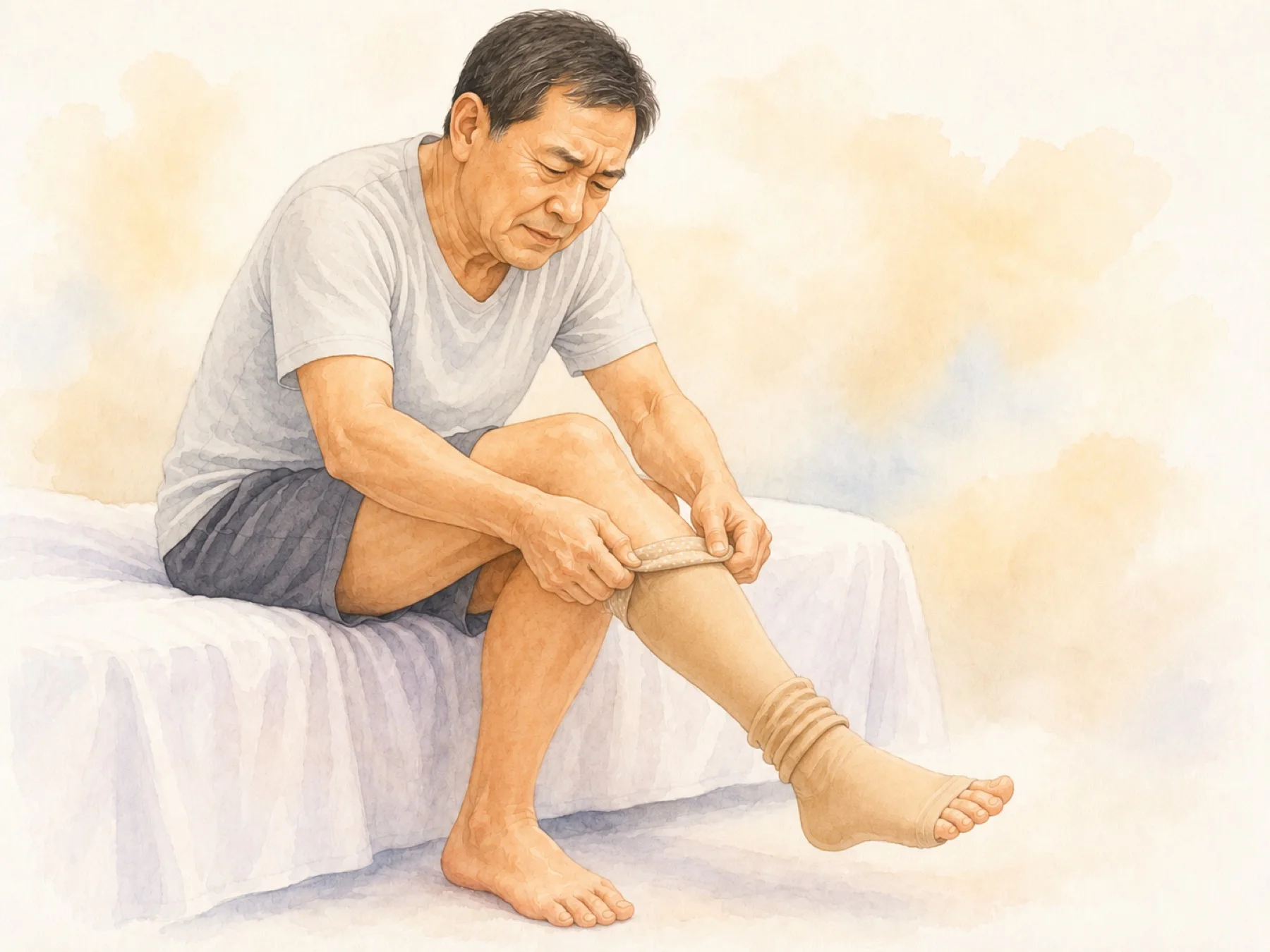 中年男性坐在床邊低頭穿著醫療彈性襪、神情有些無奈——道盡台灣夏天天天要穿襪的真實負擔