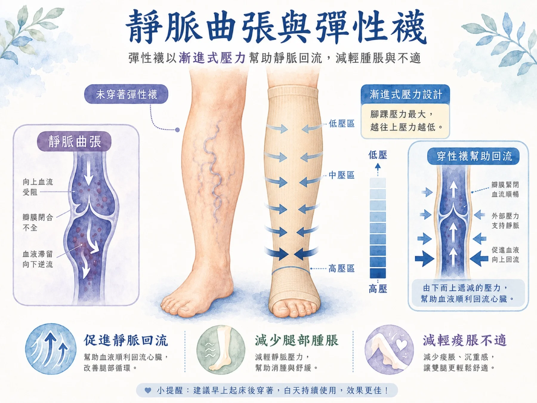靜脈曲張與彈性襪：漸進式壓力如何幫助靜脈血液回流心臟的衛教示意圖
