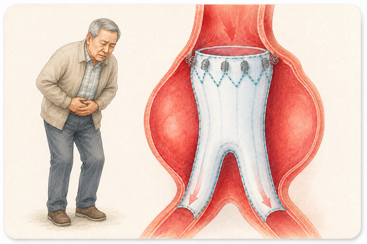 水彩衛教插圖：左側一位年長男性因腹主動脈瘤腹痛彎腰，右側為腹主動脈瘤剖面，分岔型覆膜支架上緣以銀色螺旋固定錨錨定於血管壁，箭頭顯示血流改走支架內、不再衝擊瘤壁