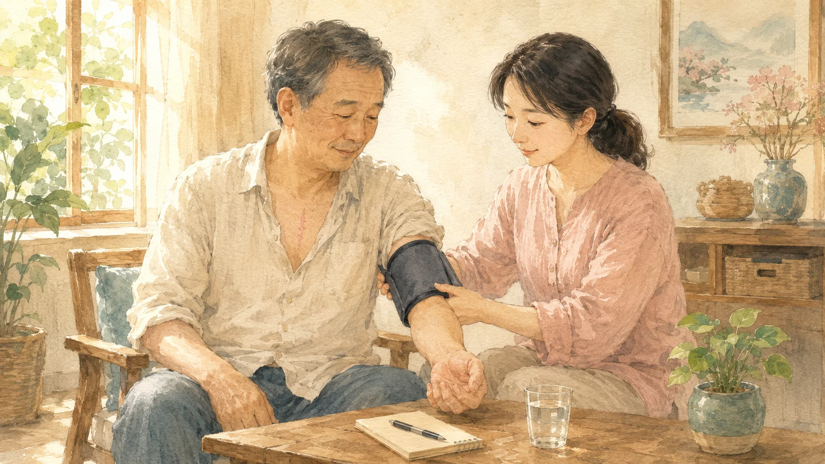 水彩插畫：溫暖採光的客廳裡，一位東亞中年男性（胸前隱約可見一道淡粉色開胸手術疤痕）坐在木椅上，由女兒為他綁上電子血壓計壓脈帶量血壓；桌上放著記錄血壓的筆記本與一杯水，象徵主動脈剝離術後居家自我照護與家屬陪伴