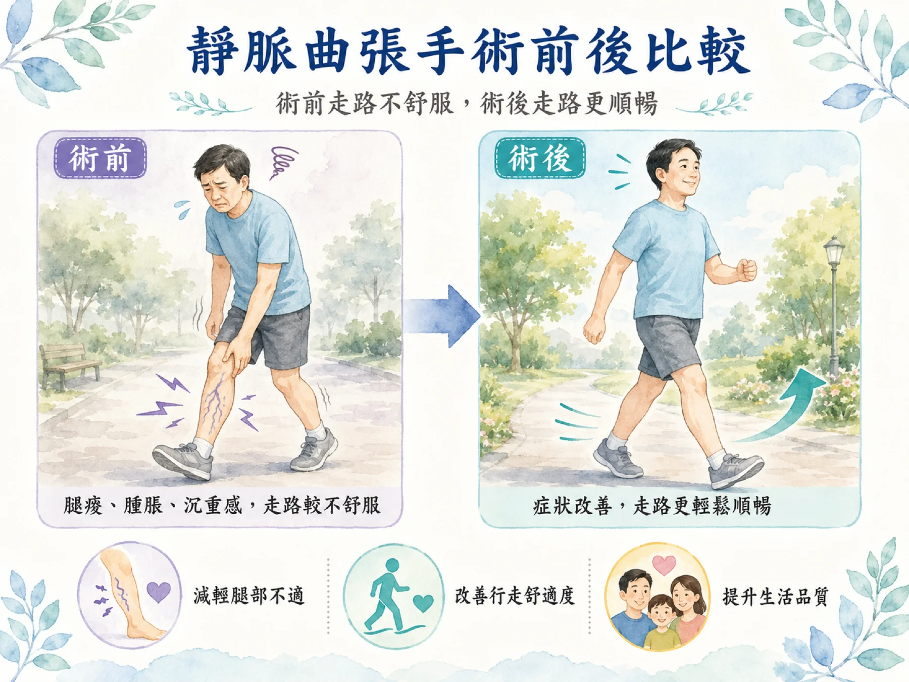 靜脈曲張手術前後比較插畫：術前走路腿痠、腫脹、沉重感、走路不舒服；術後症狀改善、走路更輕鬆順暢，並標示減輕腿部不適、改善行走舒適度、提升生活品質三大效益