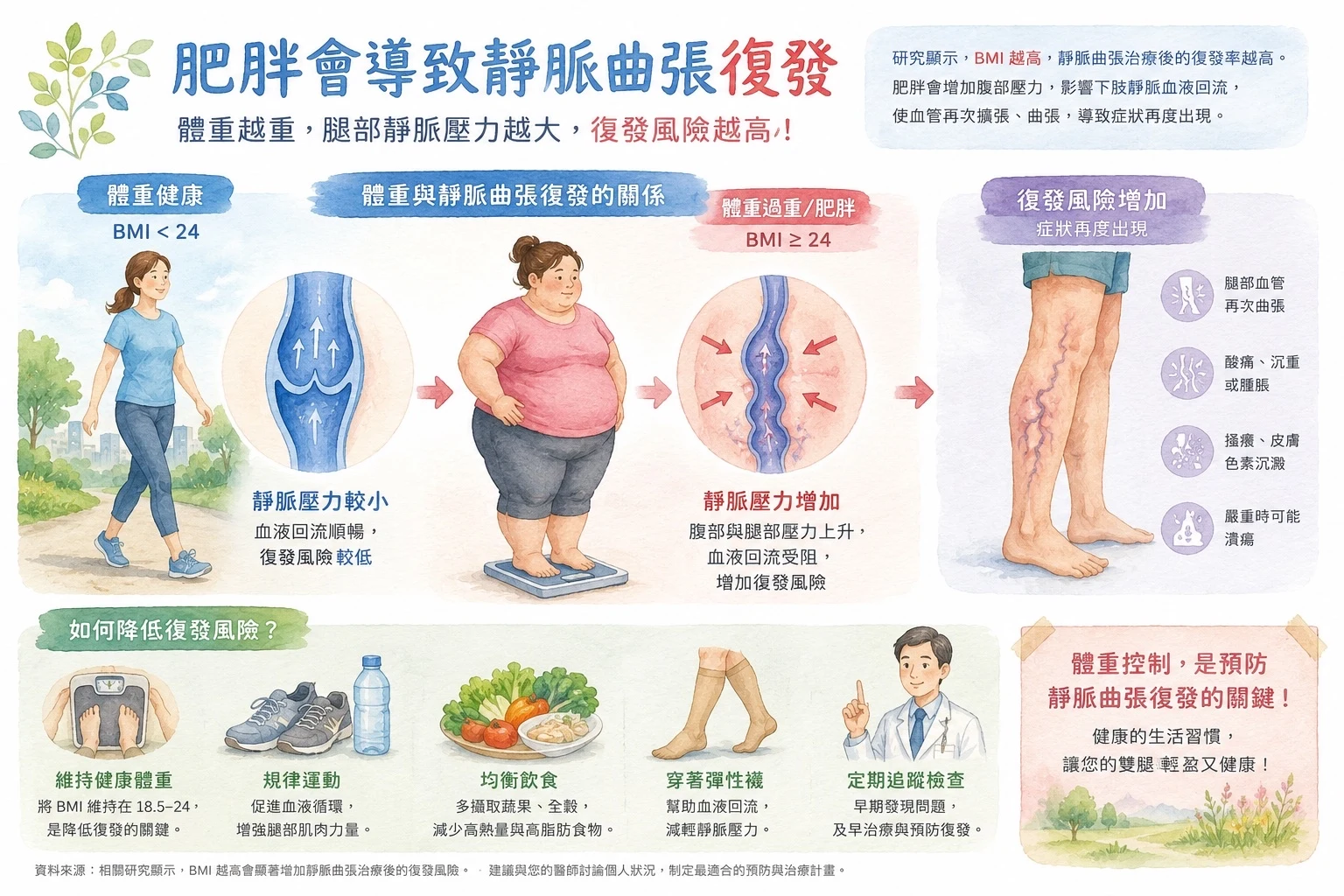 肥胖會導致靜脈曲張復發：體重越重，腿部靜脈壓力越大，復發風險越高的衛教資訊圖