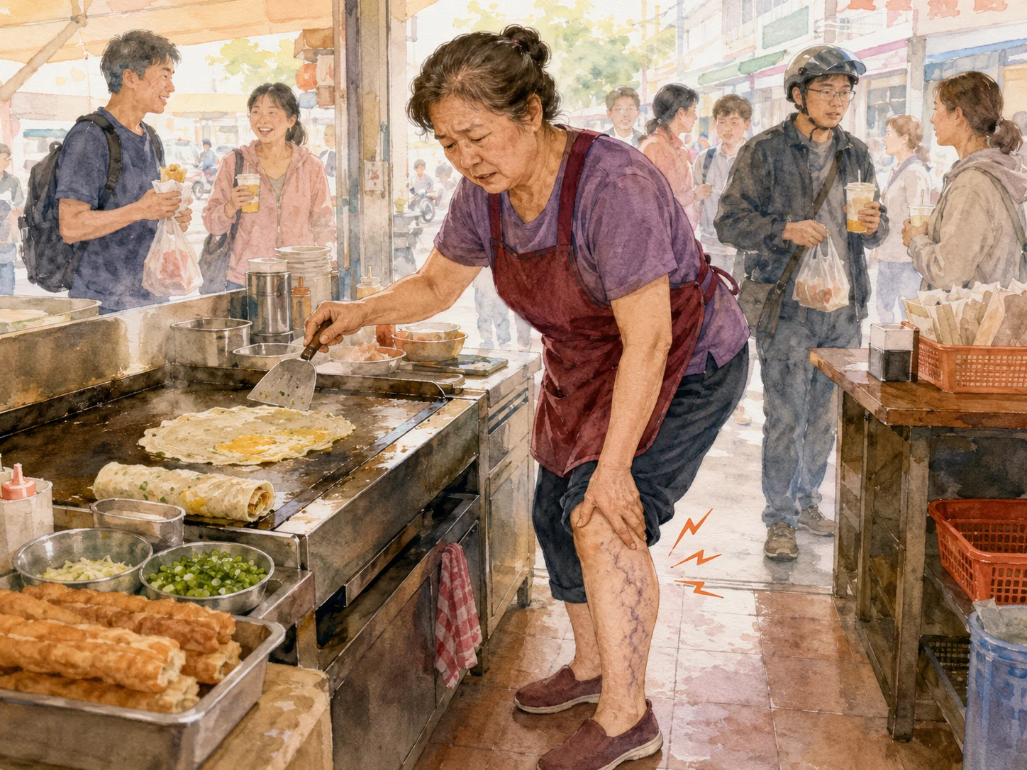 高雄早餐店的阿姨忙著煎蛋餅，彎腰按著小腿上凸起的靜脈曲張，神情透著痠痛