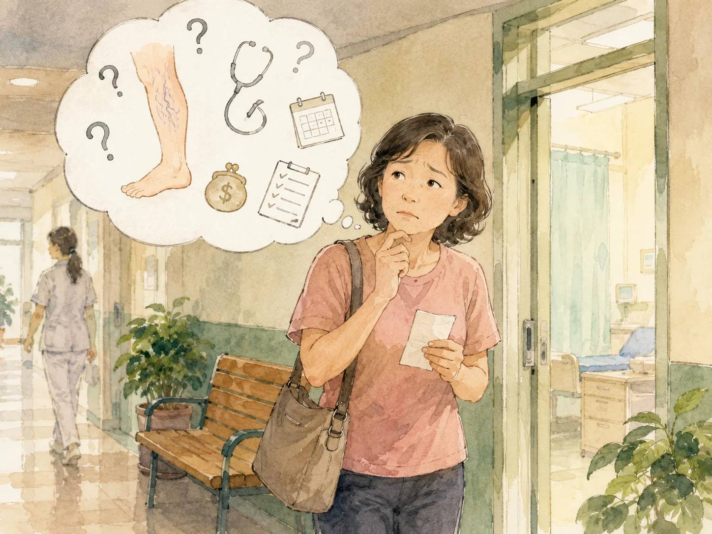 水彩示意插畫：一位病友站在門診診間門口，思考著要向血管外科醫師詢問哪些靜脈曲張的問題