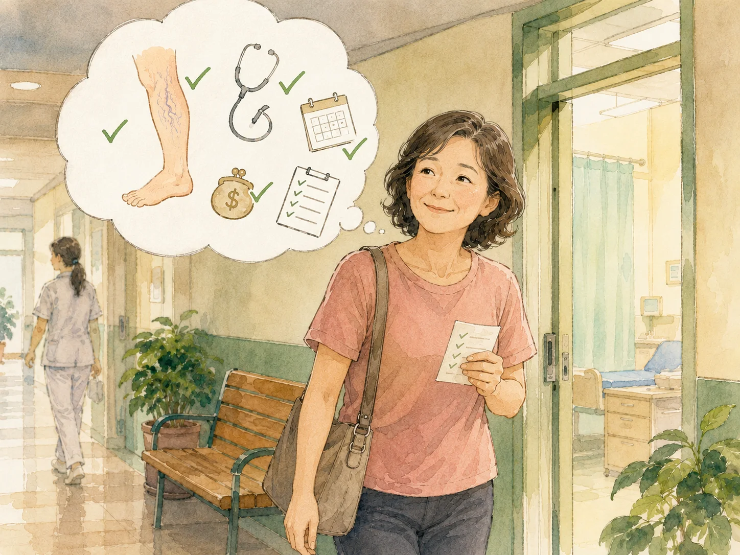 水彩示意插畫：病友看完血管外科門診後走出診間，手上的提問清單都已打勾，疑問獲得解答、神情安心