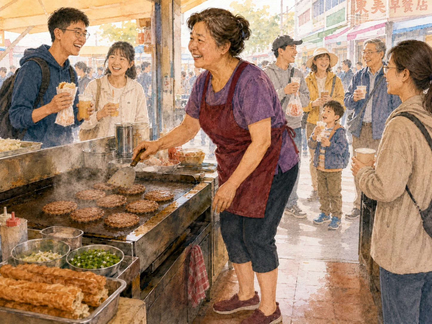 治療後的阿姨在早餐店挺直腰桿、笑著煎蛋餅招呼客人，腳不再疼痛，攤前圍滿開心的顧客